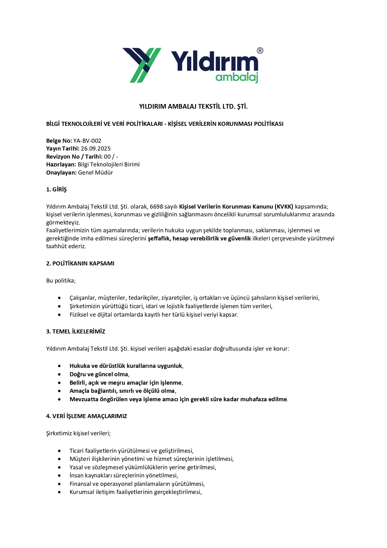 KİŞİSEL VERİLERİN KORUNMASI POLİTİKASI